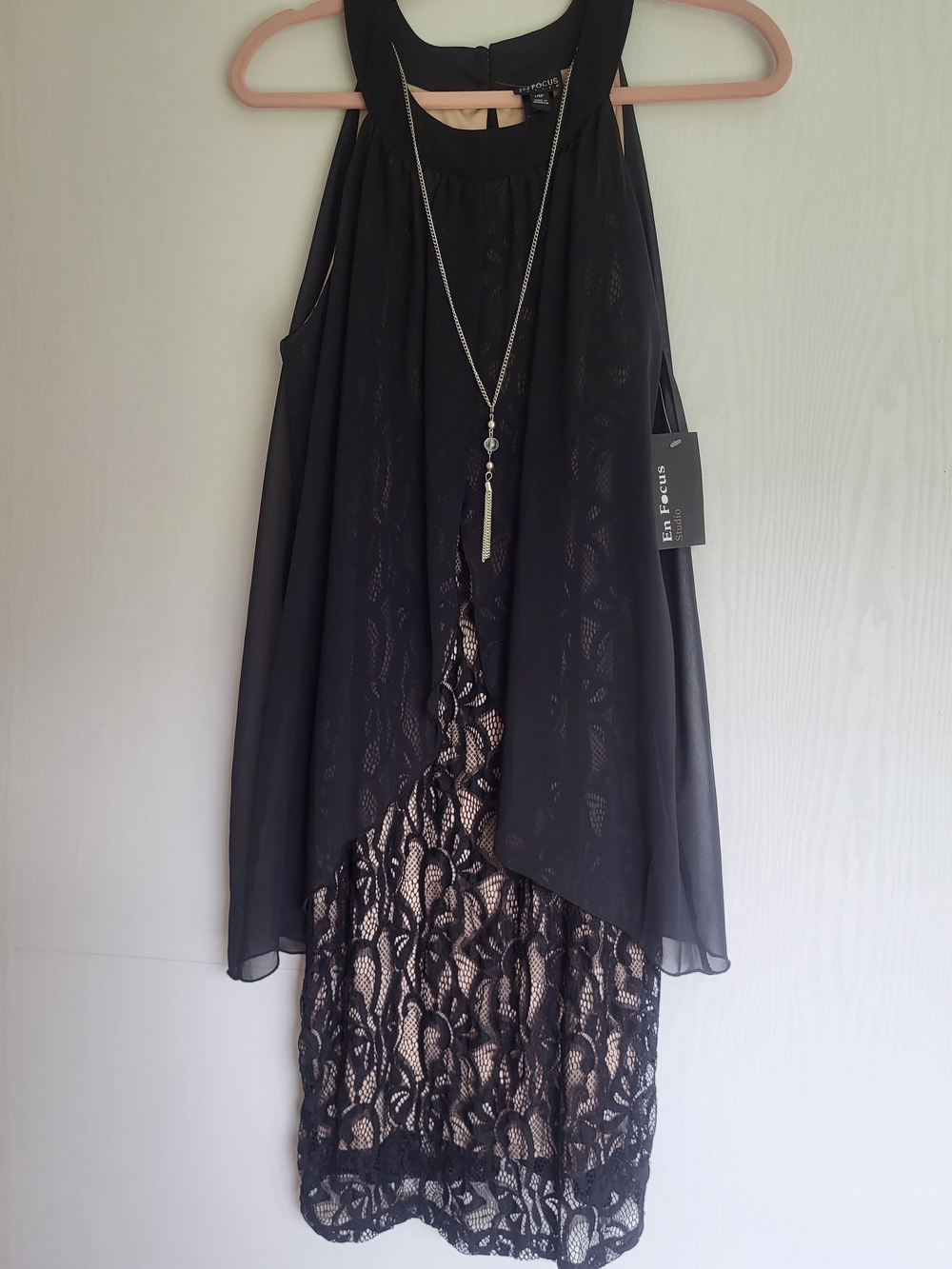Enfocus Studio Black Lace High-Low Dress with Nude Underlay